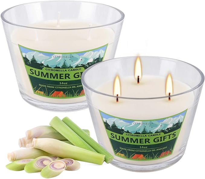 2x14oz Large 3-Wick Outdoor Indoor Citronella Candles,Natural Soy Wax Candles in Glass Jar,Bulk for Garden Yard Home Balcony Camping Backyard,Summer Candle Bulk for Home, Long Burning