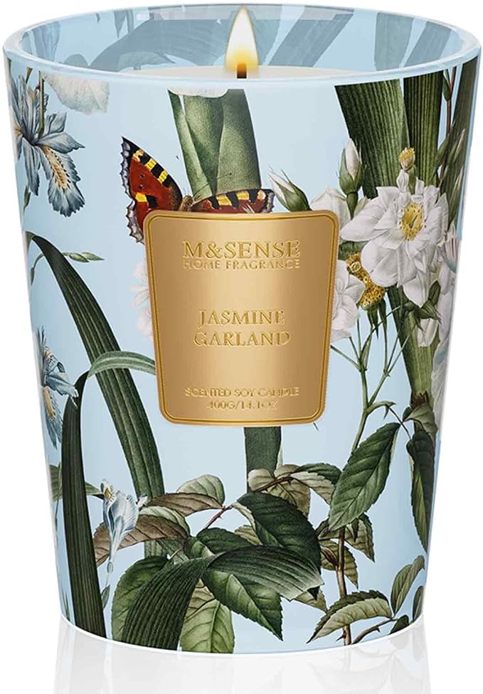 M&SENSE Jasmine Garland Natural Soy Scented Candle, 14.1oz 60H Slow Burning Home Decor Candle, Summer Floral Aromatherapy Stress Relief