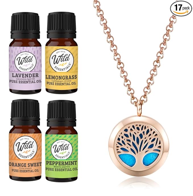 Wild Essentials Rose Gold Tree of Life Necklace Essential Oil Diffuser Kit, Lavender, Lemongrass, Peppermint, Orange Oils, 12 Refill Pads, Calming Aromatherapy Gift Set, Customizable Color Changing