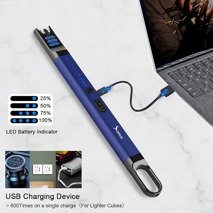 SUPRUS Candle Electric Arc Lighter Windproof Flameless USB Rechargeable Lighter with LED Light for Candle Camping BBQ Cooking (Dark Blue&Dark Blue)