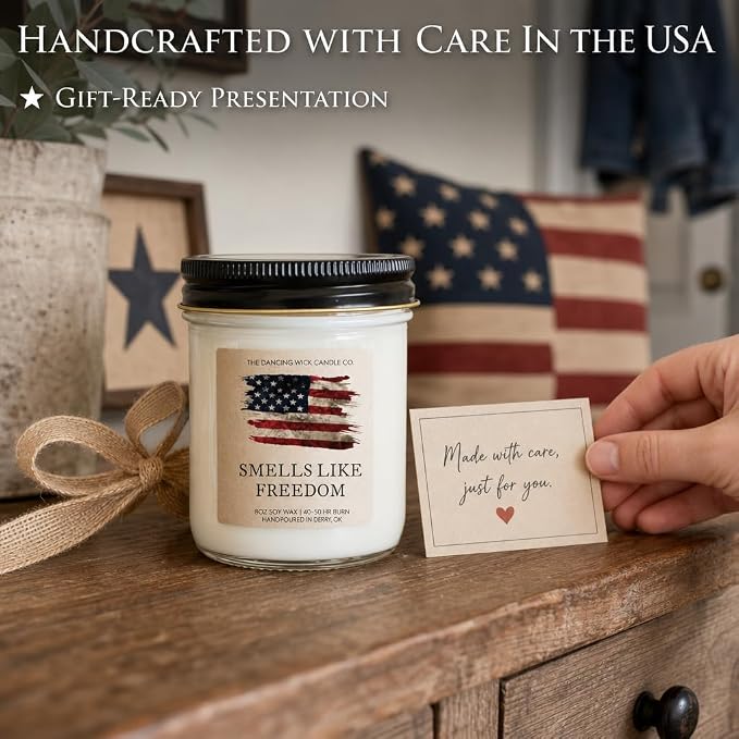 The Dancing Wick Smells Like Freedom Candle, 8oz, Handcrafted Soy Wax, Gunpowder, Vanilla, Musk Scent, Made The in USA - 4th of July Patriotic Gift Décor (Smells Like Freedom)