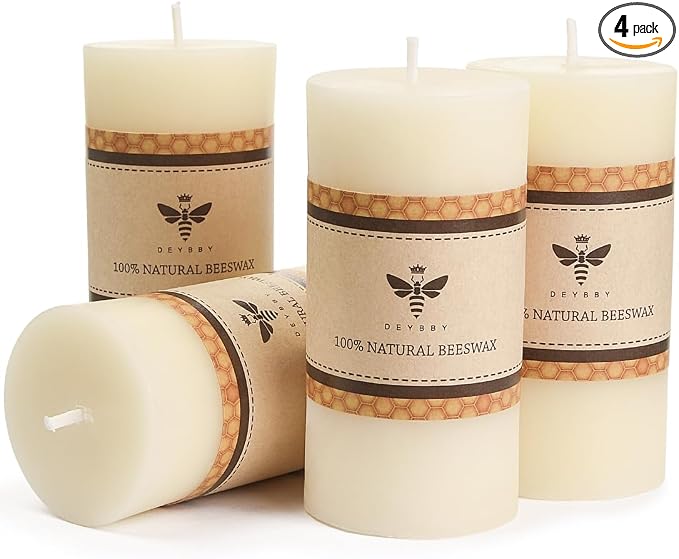 DEYBBY 2x4 inch Natural White Beeswax Pillar Candle Set of 4, Smokeless Dripless Pure Beeswax Candles with Natural Scent for Blackout Decoration Spa Relaxation（Ivory White）