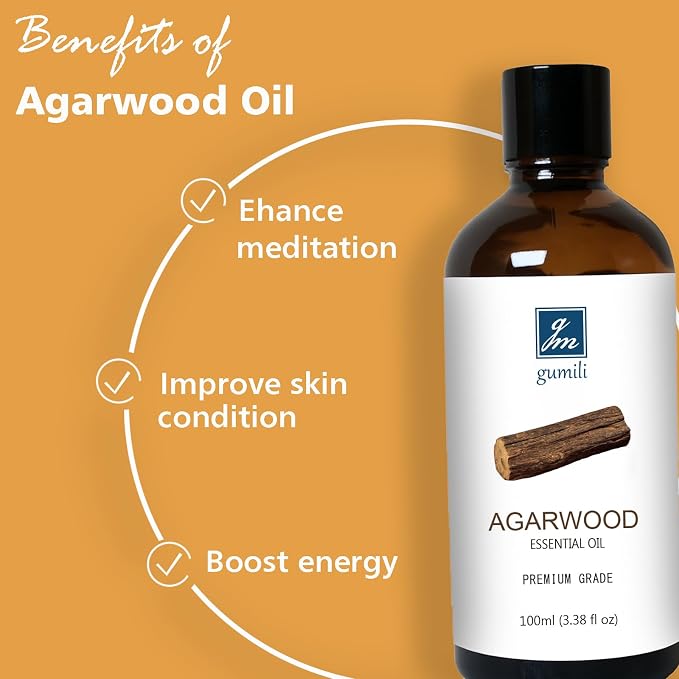 GM Gumili Agarwood Essential Oil 3.38oz/100ml, Pure Qud Oil for Relaxation, Meditation, SPA, Aromatherapy Diffuser