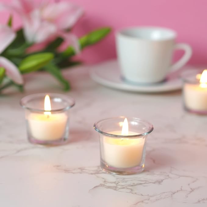 HOSLEY Oyster Cup Clear Glass Filled Candles 48 Pack Ivory Hand Poured Unscented Wax Candles for Home Restaurants Shabbat Church Weddings Romantic Moments Party Spa Meditation