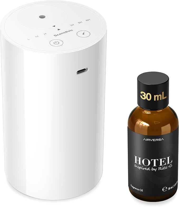 Waterless Essential Diffuser Starter Kit with 30mL Ritz-C Hotel Scent Fragrance, Rechargeable Portable Scent Diffuser with 3 Timers/Mist Levels for Car Room Home Office, ANZ White KIT