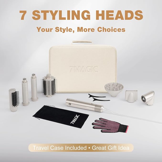 7MAGIC 7-in-1 Hot Air Styler, Hair Styler Dryer Brush with Auto-Wrap Curlers, High-Speed Hair Dryer for Fast Drying, Volumizing & Straightening, Travel Case Included, Champagne Gold