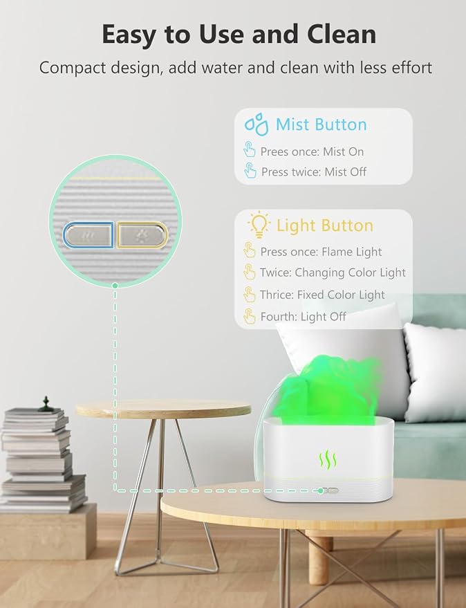 PIZAY Essential Oil Diffuser, Air Humidifier with Flame Led Light - 7 Colors, 180mL Capacity (8 Hours), Noiseless Operation, Auto-Off Protection - Perfect for Home Bedroom Office Gifts(Black)