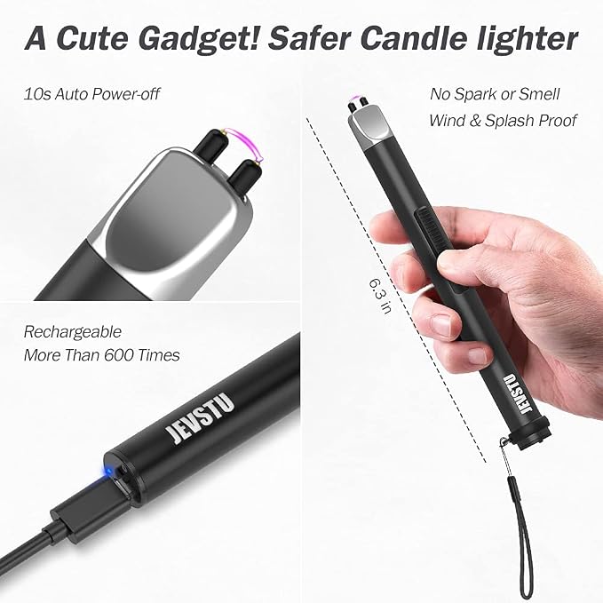 Electric Lighter, Candle Lighter USB Rechargeable, Arc Windproof Flameless Plasma Long Stick with Rope and Ring, Perfect for Candle BBQ Camping Kitchen Stove, Black