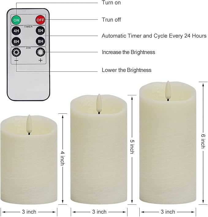 ANGELLOONG Flickering Flameless Candles with Remote, Real Wax Battery Operated Candles with Timer for Home Decor, Set of 3 LED Fake Candle for Fall Wedding Halloween Chirstmas Decoration, Ivory White