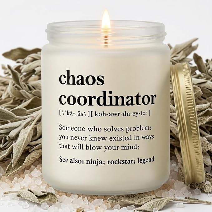 Chaos Coordinator Gifts for Women, Boss, Coworker - Funny Scented Candle Gift - Sage & Sea Salt Soy Wax Candle in Frosted Jar (8 oz) - Office Desk Decor & Appreciation Gift