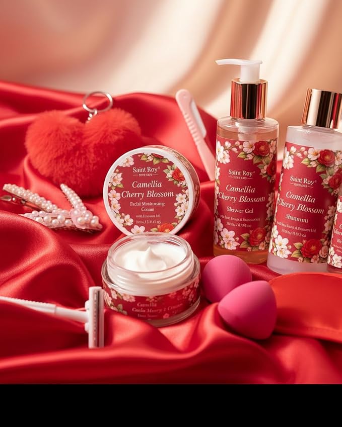 35 Pcs Valentines Day Gift for Women, Cherry Blossom Rose Bath and Body Basket Gift, Face Skin Care Kit, Home Spa Self Care, Lip Gloss, Birthday, Christmas, Mother, Bridal Shower, Anniversary
