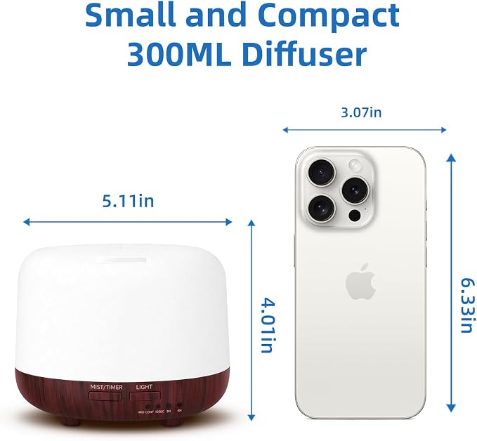 SPLITSKY Essential Oil Diffuser, 300ML Small Room Aromatherapy Diffuser with Remote Control, Quiet Operation, 7-Color LED Light, 4 Timer, Auto-Off, Easy to Clean for Bedroom, Living Room, Office