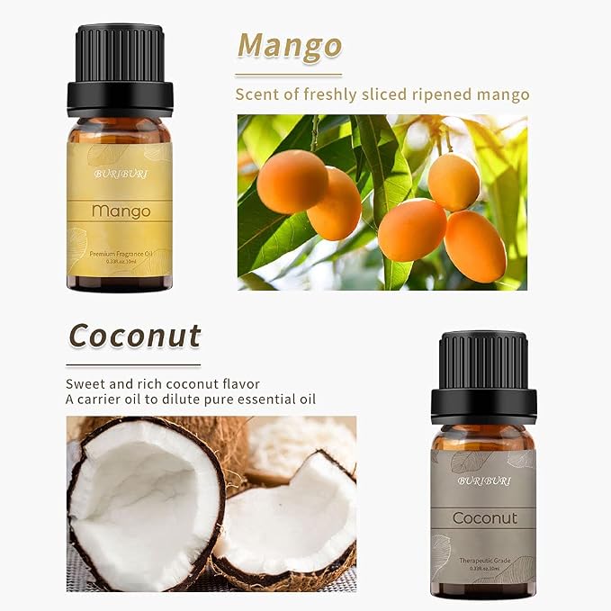 BURIBURI Fruit Essential Oils Gift Set 4Pack - Premium Fruity Fragrance - Strawberry, Cherry, Mango, Coconut for Diffusers, Home, Candle & Soap Making