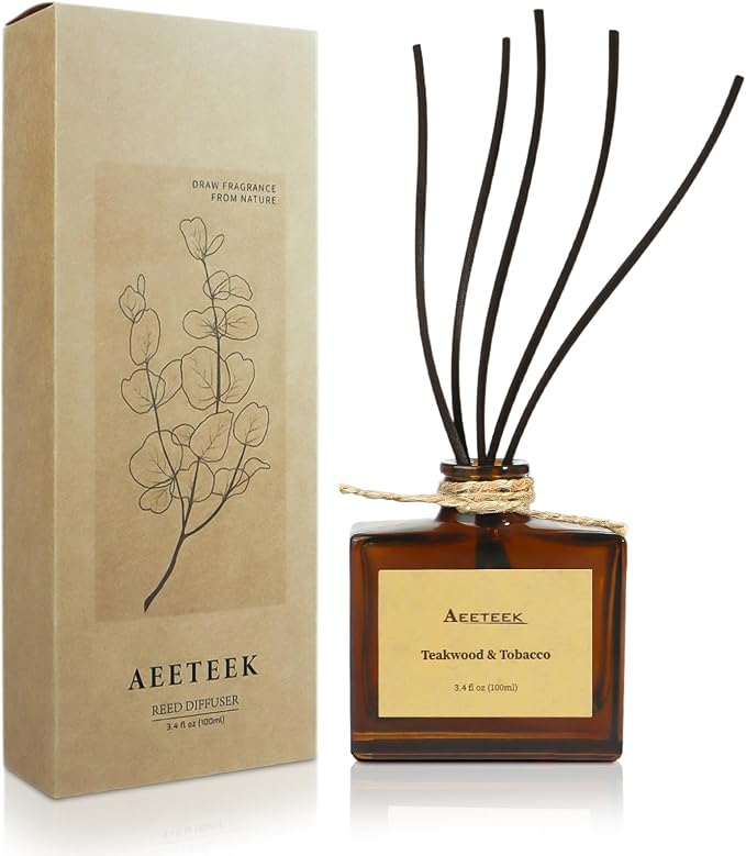 Reed Diffuser, Teakwood & Tobacco Essential Oil Diffuser with Dried Flowers, 3.4 oz Musk Scented Oil, Handmade Home Decor Air Freshener, Long-Lasting Room Scent for Office, Bathroom