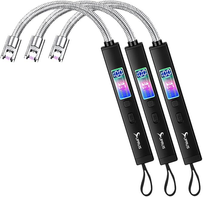 SUPRUS Electric Candle USB Type C Rechargeable 360° Flexible Neck Lighter with Upgraded LED Battery Display Safety Switch Flameless Plasma Windproof (Black, 3Packs)