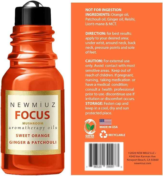 Roll-On Essential Oil Blends Focus Memory Concentration Orange Ginger Patchouli & Ease destress Hemp Peppermint Eucalyptus Clove and Arnica, Pack of 2
