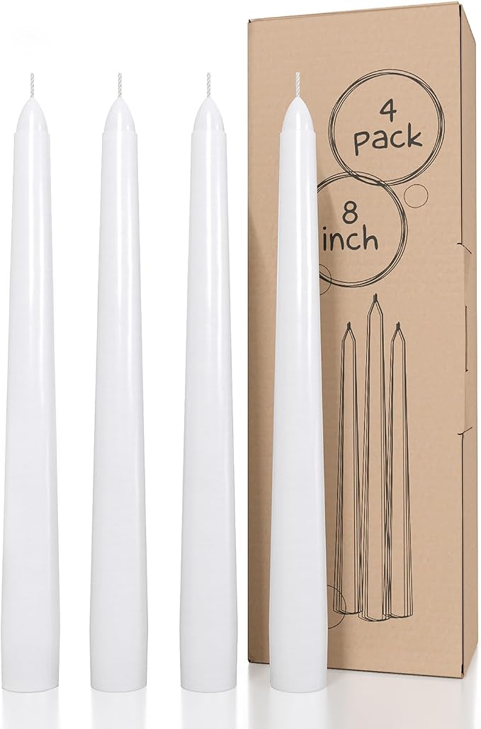 CANDWAX 8 inch White Taper Candles Set of 4 - Unscented Dripless Tapers - Smokeless Christmas Tapers - 6 Hours Burning Time Tapered White Candlesticks - Christmas Candle Sticks
