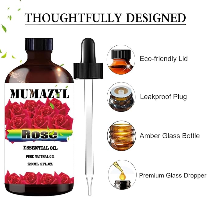 Rose Essential Oil, Rose Oil 4 Fl Oz 120ML for Diffuser Humidifier Yoga Cleaning DIY Candle Soap Making Valentine's Day Gift MUMAZYL Essential Oils