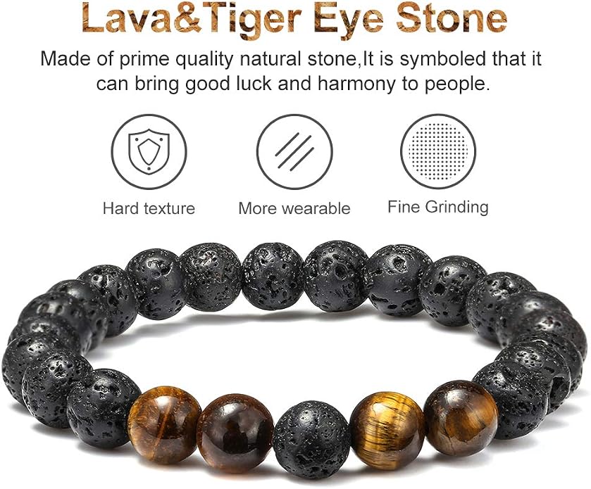 M MOOHAM Mens Bracelet - Beaded Natural Stone 8mm Tiger Eye Matte Agate Lava Rock Bracelets for Men Teen Boys Grandpa Dad Birthday Gifts Jewelry