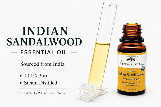 Indian Sandalwood Essential Oil, USDA Certified Organic, 100% Pure Undiluted, Aromatherapy Oil for Diffuser, Hair & Skin Care