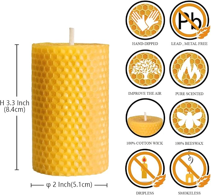 DEYBBY Beeswax Honeycomb Rolled Pillar Candles Set of 6 - Handmade Pure Organic Bees Wax Candles for Home Study Decor Housewarming Gift (2×3.3 in)