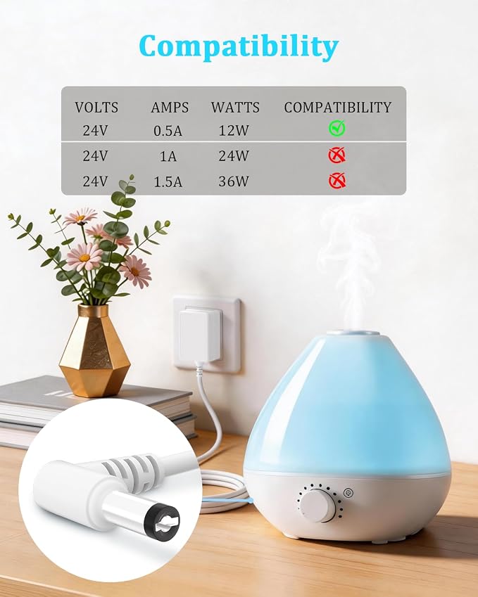SoulBay [ETL Listed] 24V Diffuser Power Cord for Essential Oil Diffusers Humidifiers 120ml 150ml 200ml 300ml 400ml 500ml Replacement Adaptor, Input 100V-240V Output 24Volt 500mA, White, 5.6 FT