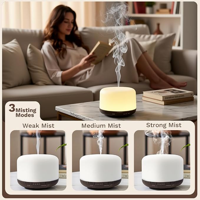 500ml Essential Oil Diffuser,Quiet 4-in-1 Ultrasonic Aromatherapy Humidifier,7 Color LED Lights,Timer & Auto-Off,BPA Free,Large Capacity Room Fragrance(Deep Woodgrain, Mini Model)