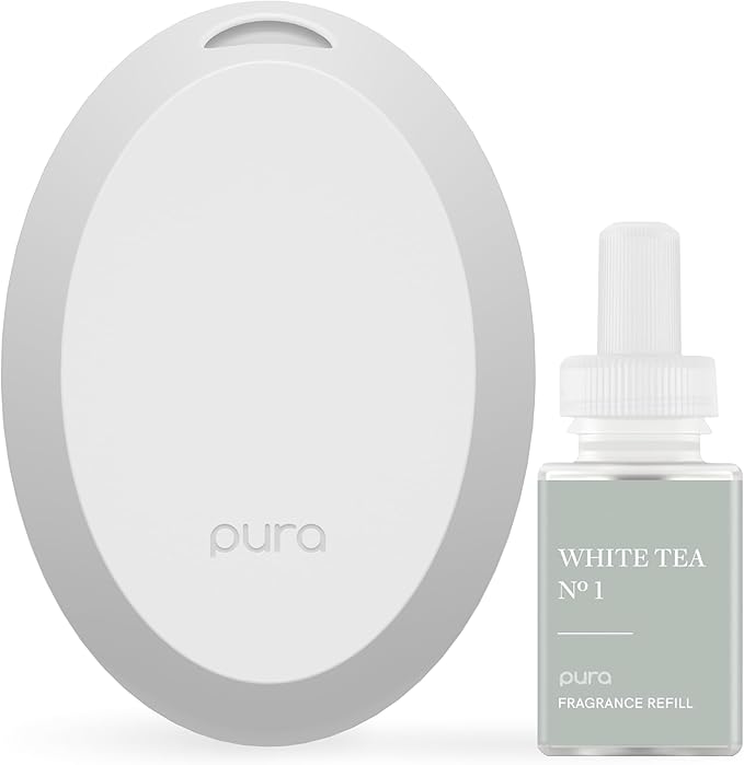 Pura Home Mini Fragrance Diffuser for Small Spaces Adjustable Smart Home Device with LED Light & Automatic Vial Detection - Includes 1 Scent Refill - White Tea no.1