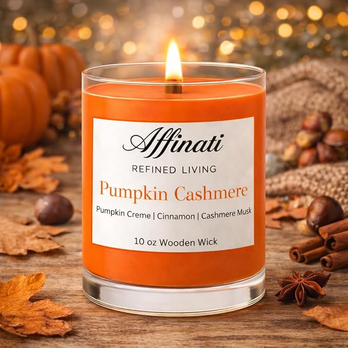 Affinati Pumpkin Cashmere Scented Candle, 10 oz Wooden Wick Tumbler Jar – Highly Fragrant Luxury Warm Spice Aromatherapy, Fall Pumpkin Soy Gift
