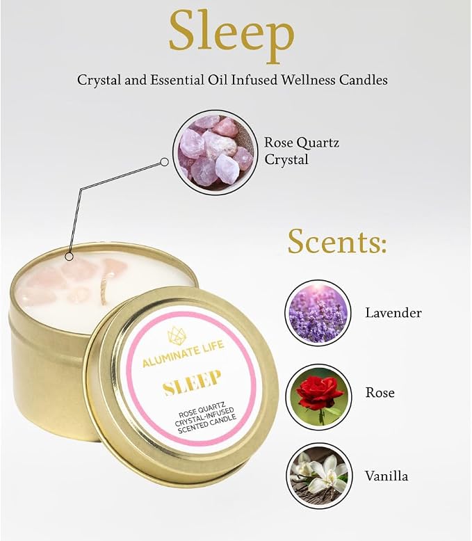 Luxury Candle Tin, 6 OZ, Sleep - Rose Quartz Crystal Infused - Scents of Rose, Lavender, and Vanilla - Tranquility, Love, & Comfort - Coconut Wax, Essential Oils, Dr. Developed