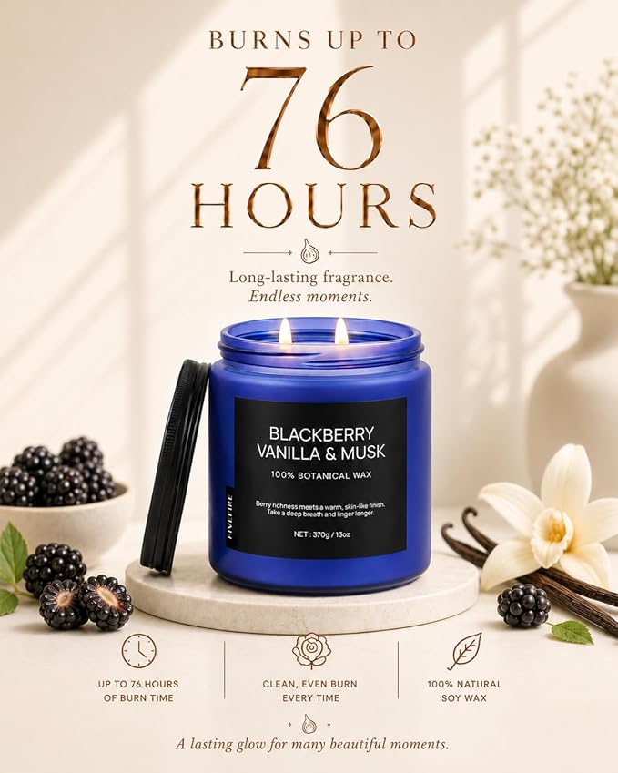 BlackBerry Vanilla Musk Home Scented Candles, 13oz Organic Soy Wax, 76-Hour Clean Burning, Natural Non-Toxic, Fruity & Warm Sensual Scent for Relaxation, Aromatherapy Housewarming Candle Men Women