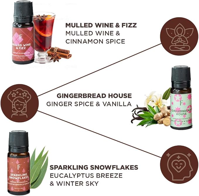 Folkulture Christmas Essential Oils for Diffuser for Home|Set of 6-2 Fl Oz | Fragrance Oils - Christmas Scents|Vanilla, Cinnamon, Pine & Eucalyptus | Gifts for Women