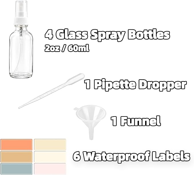 4 Pack 2oz Clear Glass Spray Bottles, Fine Mist Refillable Atomizer for Essential Oils, Perfume, Hair, Face & Travel | Leak-Proof Mini Empty Spritzer Bottles with Labels, Funnel & Pipette (60ml)