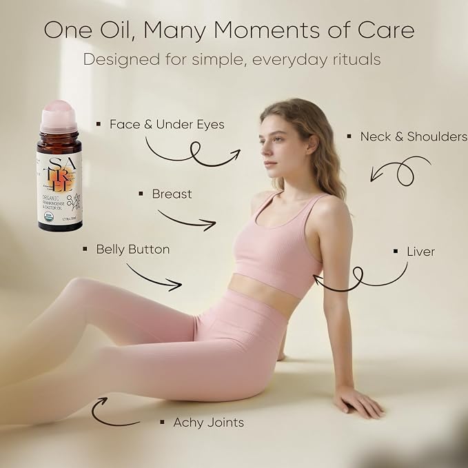 Organic Castor & Frankincense Oil with Rose Quartz Rollerball - USDA Certified Essential Blend Oil Roll-On, for Face & Body, Anti-Aging, Dark Circles (1.7fl oz)