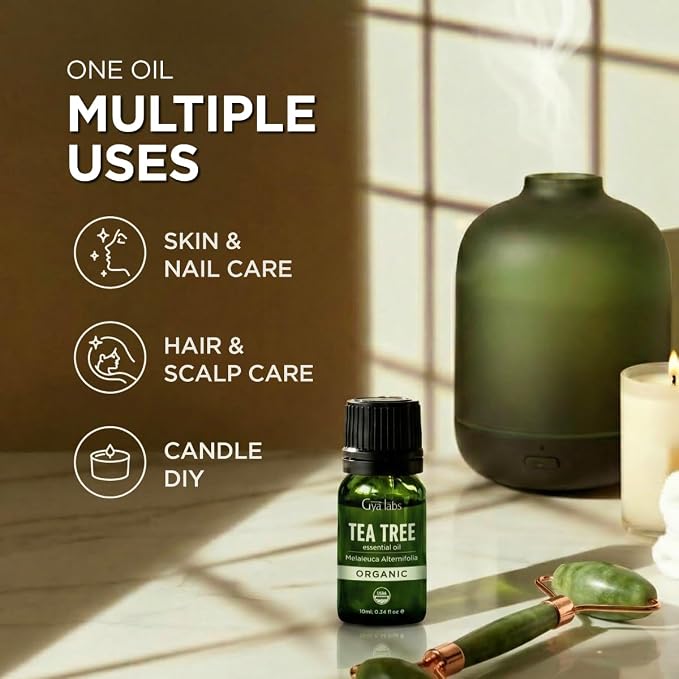 Gya Labs USDA Organic Tea Tree Essential Oil for Skin, Nails - 0.34 Fl Oz - Face, Hair, Diffuser, Aromatherapy, DIY Candle Making Scents