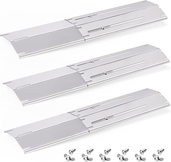 Adjustable Universal Grill Heat Plates For Nexgrill, Dyna Glo, Charbroil, Brinkmann Grill Replacement Parts, Stainless Steel Heat Shield Tent, Burner Covers Guard, Heat Diffuser, Flame Tamer 3 Pack.