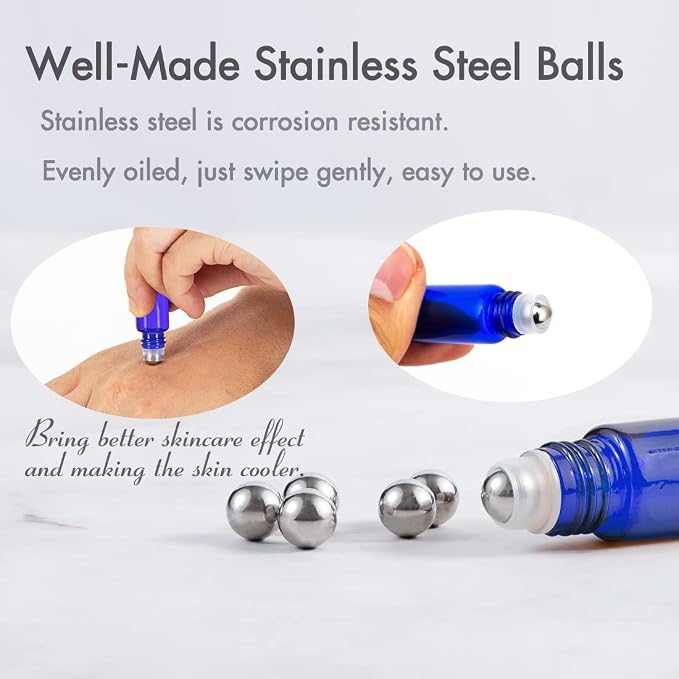 2ML Essential Oil Roller Bottles, 24 Pack Cobalt Blue Roller bottle for oils, Mini Glass Roll on Bottles with Stainless Steel Roller Balls&2 Droppers