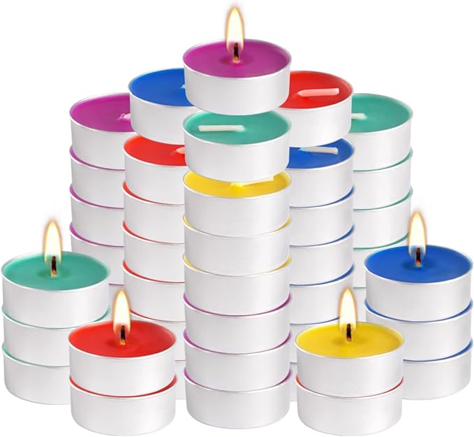 50 Pack Unscented Assorted Colors Tealights Candle - 4+Hour Clean-Burning Votive Smokeless Tea Lights for Home Decor, Rituals, Shabbat & Anniversaries & Relaxation.