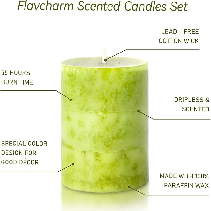 Green Pillar Candles Set of 3 Sage Scented Long Burning Candles 3x4 inch Aromatherapy Clean Burn Dripless Candle for Dinner Table,Weddings, Holidays Home Decorations