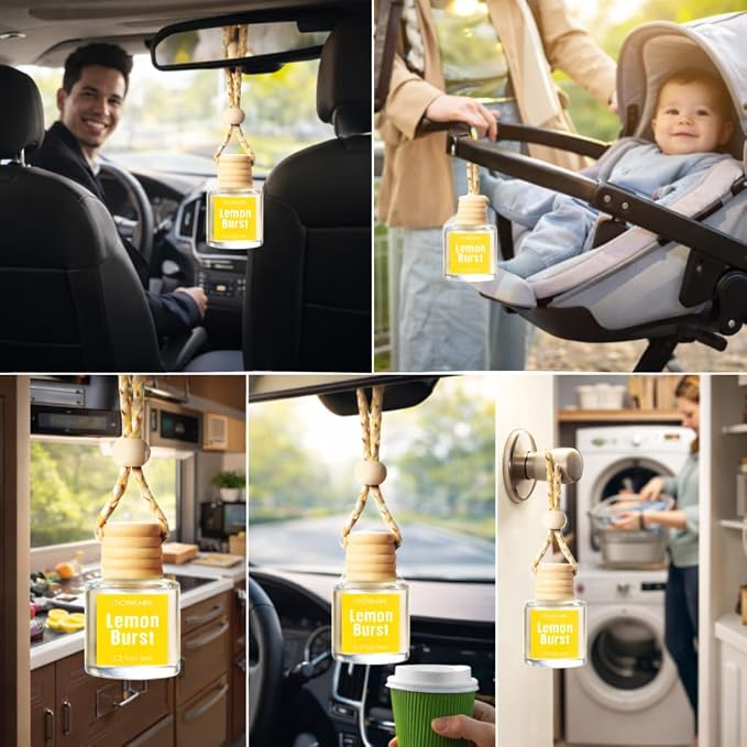 Hanging Car Air Freshener 2 Pack, Lemon Scent Essential Oil Car Diffuser Bottle, Refillable Hanging Auto Aromatherapy Freshener, Long Lasting Odor Eliminator for Car, Truck, SUV