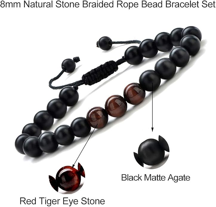 M MOOHAM Mens Bracelet - Beaded Natural Stone 8mm Tiger Eye Matte Agate Lava Rock Bracelets for Men Teen Boys Grandpa Dad Birthday Gifts Jewelry