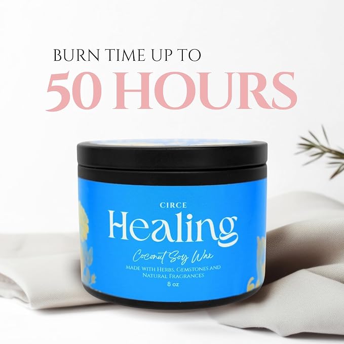 Circe Spell Candle “Healing” Coconut Soy Wax Candle Jar – Premium Hand Poured & Long Burning – Herbs, Crystals & Natural Fragrance Oils- Emotional & Physical Renewal - Calming, Self Care, Gift- 8oz