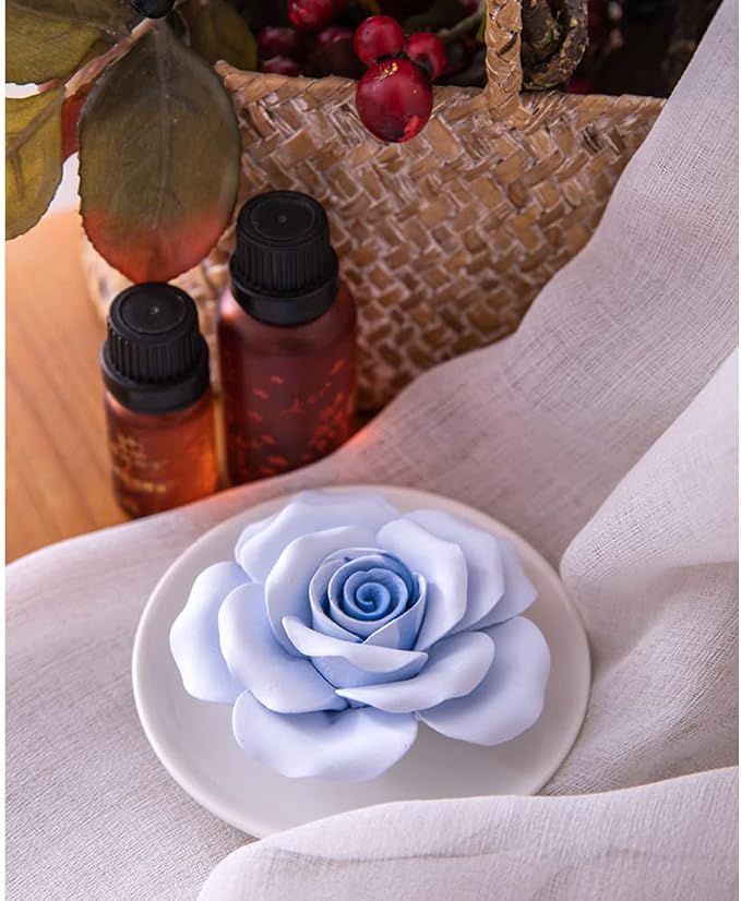 Essential Oil Passive Flower Diffuser -Non-Electric Porcelain Aromatherapy Diffusers for Small Mini Room, Desk Decorative, Bathroom (Blue Rose)