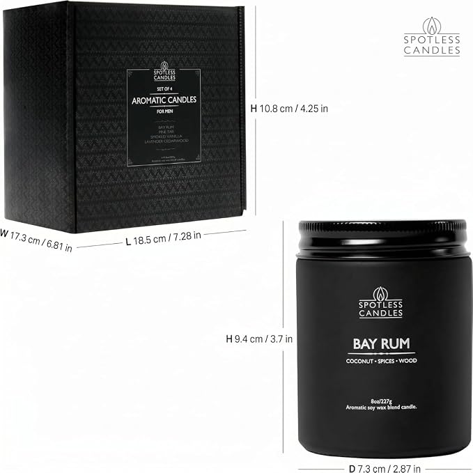 Men's Candle Gift Set; 4 x 8oz Scented Candles; Bay Rum, Pine Tar, Smoked Vanilla, Lavender Cedarwood; 200 Hours Burn Time; Matte Black Glass Jars; Premium Black Gift Box by Spotless Candles