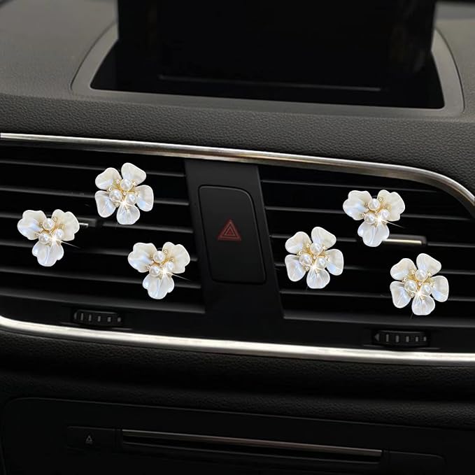 Bling Daisy 6 Pcs Pearl Flower Air Vent Clips - Cute Car Diffuser Vent Clip Rhinestone Decoration - White