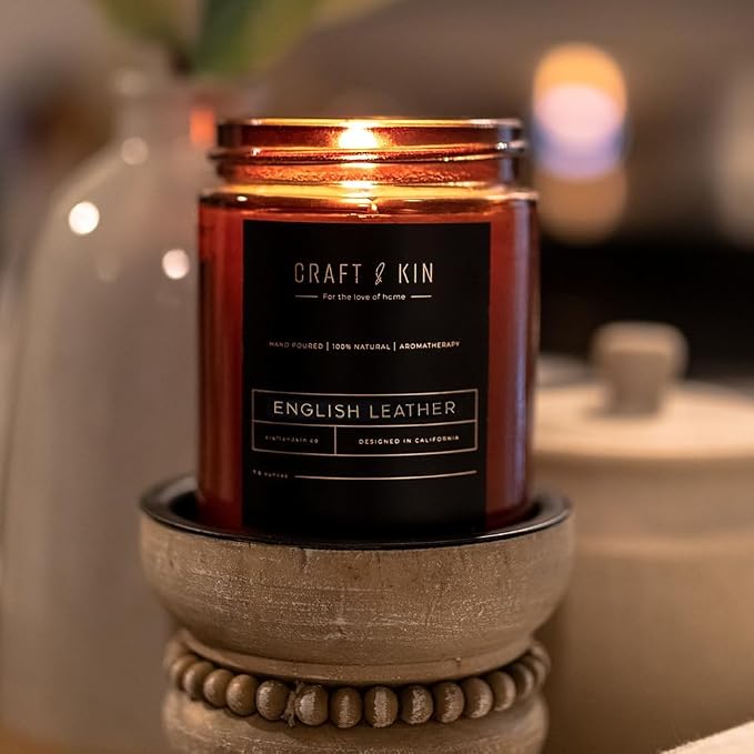 Craft & Kin Premium English Leather Scented Candle – Long Lasting, 45 Hour Burn Time – Luxury Natural Soy Scented Candle – Room Decor and Aromatherapy – 8 oz