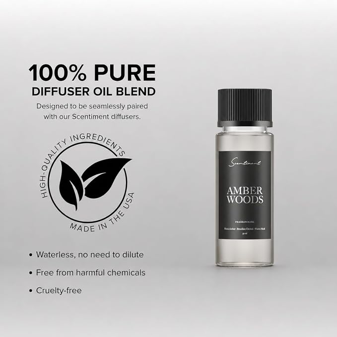Scentiment Amber Woods Diffuser Oil - Premium Hotel Scent with Notes of Black Amber, Plum, & Crème de Cassis Home Scent, Aromatherapy Fragrance Oil Diffuser Refill - 1.69 fl oz (50 mL)