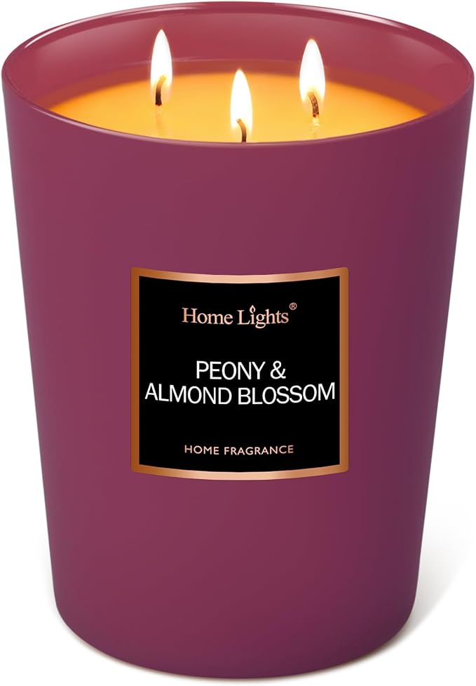 HomeLights Premium Scented Candles - 33.3 oz Natural Soy Wax, Aromatherapy for Home, Long Lasting Smokeless, 130 hrs Burn Time, 3 Cotton Wicks, Gifts for Women & Men - Peony & Almond Blossom