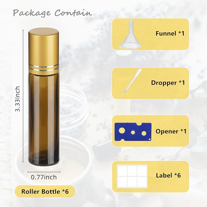 10ML Essential Oil Roller Bottles, 6 Pack Amber Oil Roller Bottles for Essential Oils, Roll on Bottle with Stainless Steel Balls(6 Labels, Opener, Funnel, Dropper Included)