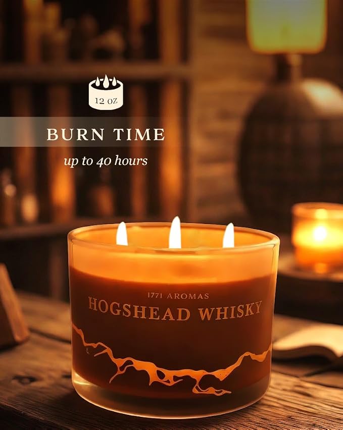 Hogshead Whisky Scented Candles - 100% Natural Soy Wax - Large 3 Wick Jar Candle - Up to 50 Hours Burning Time - Candles for Home - Gift-Ready Candle for Men & Women - Aromatherapy